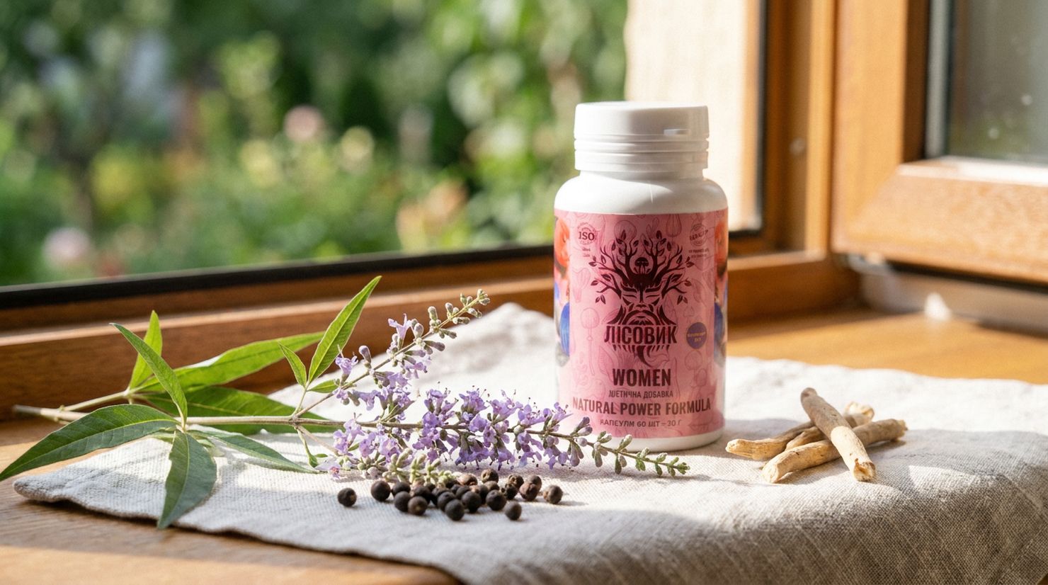 Банка WOMEN Natural Power Formula на льняной салфетке у окна рядом с веточкой витекса, его ягодами и корнем ашваганды