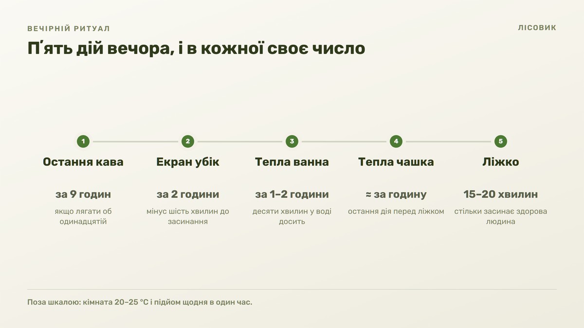 Шкала вечора на пʼять позначок зліва направо: остання кава за девʼять годин до ліжка, екран убік за дві години, тепла ванна за одну-дві години, тепла чашка приблизно за годину і саме ліжко, де засинання займає 15–20 хвилин; унизу окремим рядком кімната 20–25 °C і підйом щодня в один час