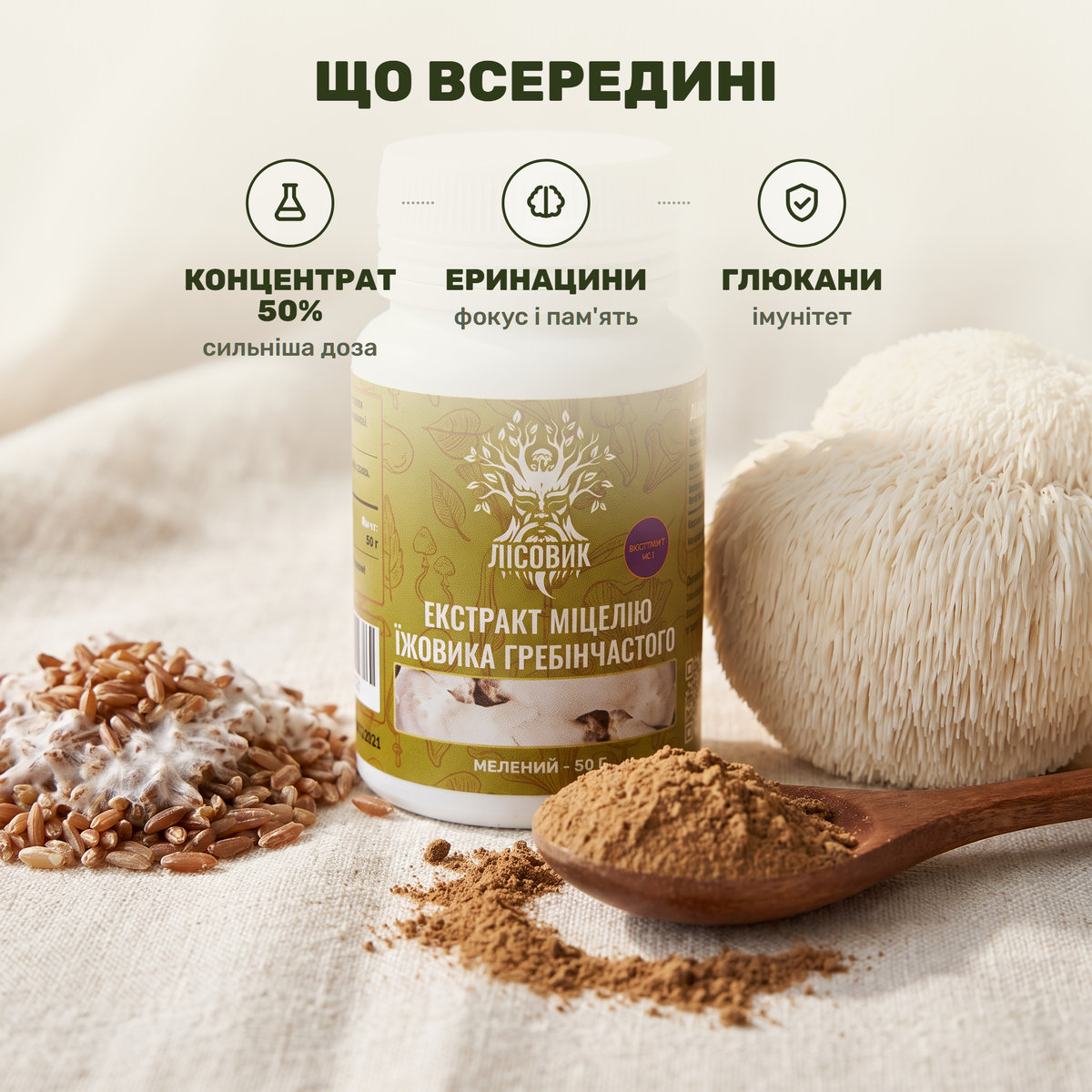 Мелений концентрат екстракту міцелію їжовика гребінчастого у ложці поряд із банкою порошку Лісовик і чашкою теплого напою