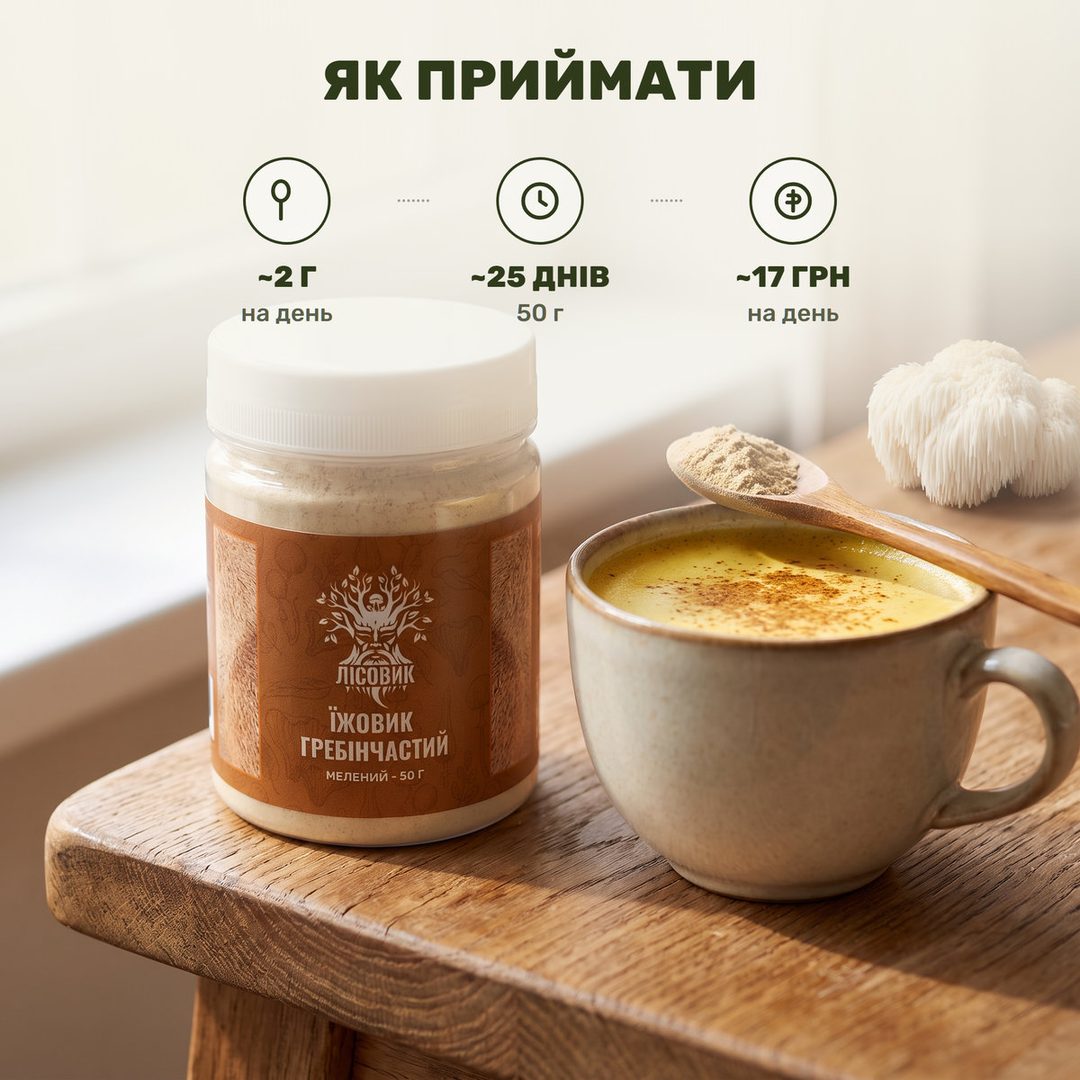 Чашка тёплого грибного напитка и ложка молотого ежовика Лісовик рядом с белым грибом-гривой — утренний ритуал без варки