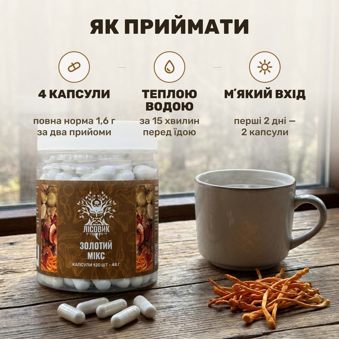 Золотой микс Лісовик — банка капсул по 0,4 г, четыре капсулы и стакан тёплой воды